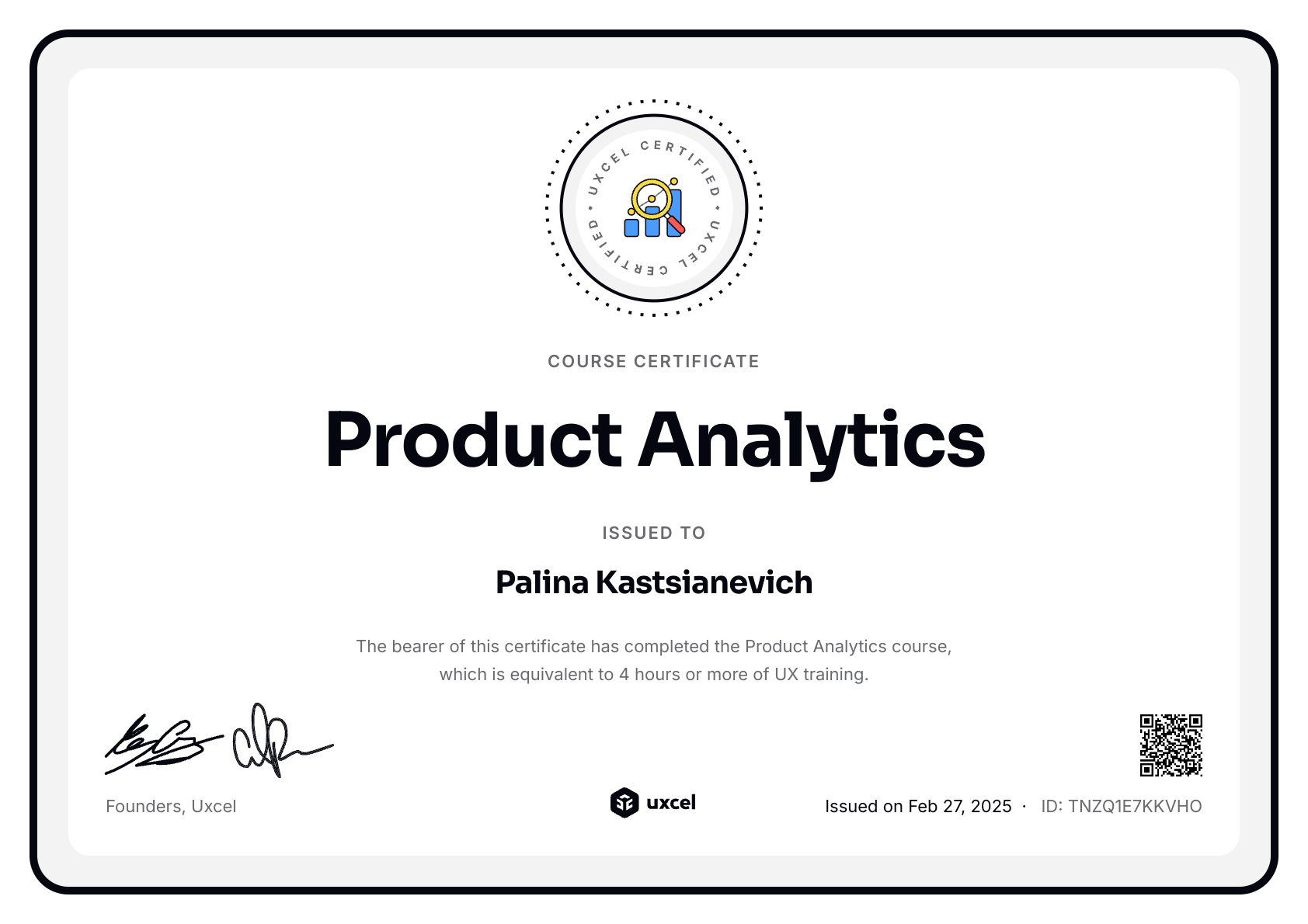Palina Kastsianevich's certificate